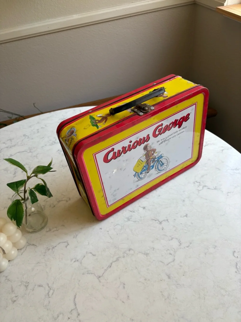 Vintage Curious George Yellow & Red Tin Lunchbox Large